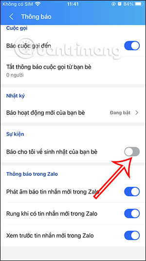 Tắt thông báo sinh nhật Zalo bạn bè