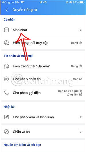 Sinh nhật trên Zalo