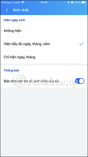 Chỉnh chế độ sinh nhật trên Zalo