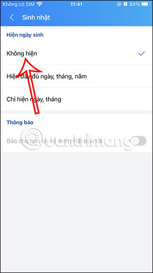 Không hiện sinh nhật trên Zalo