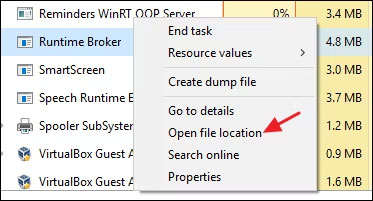 Nhấp chuột phải vào Runtime Broker và chọn Open File Location để xác nhận vị trí của Runtimebroker.exe.