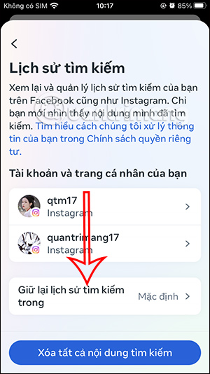 Giữ lại lịch sử tìm kiếm Instagram