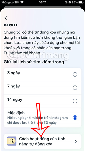 Xem hoạt động xóa tìm kiếm Instagram tự động