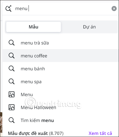 Nhập tìm kiếm menu trên Canva