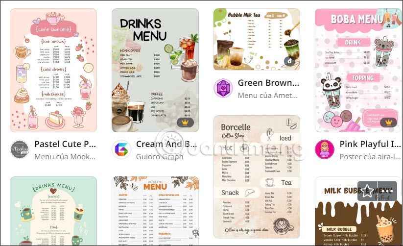Mẫu menu trên Canva