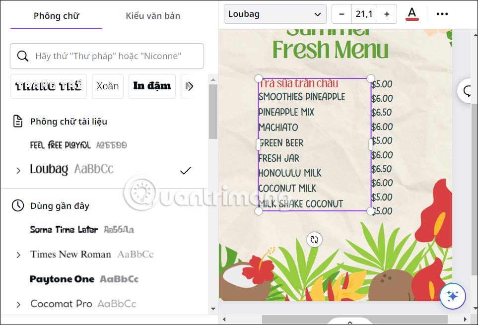 Chỉnh sửa nội dung trong menu trên Canva