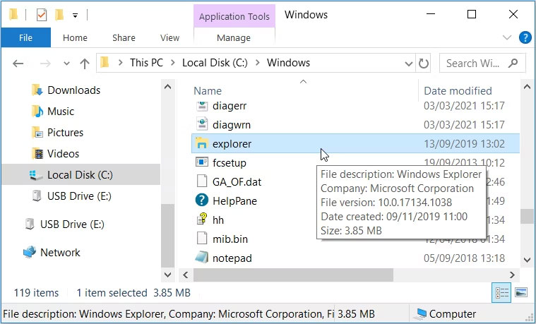 Mở Windows File Explorer qua thư mục Windows