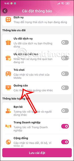 Tắt quảng cáo trên MoMo