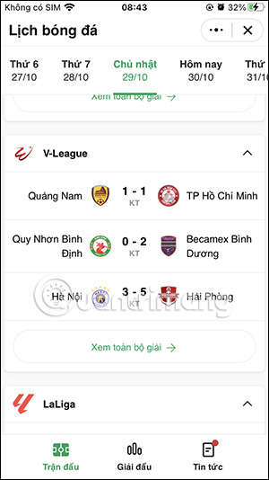Kết quả các trận đấu trên Zalo