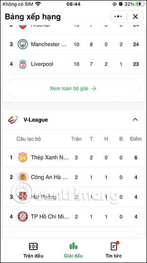 Xem bảng xếp hạng bóng đá trên Zalo