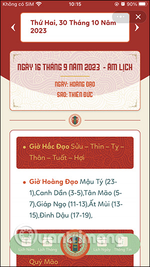 Thông tin lịch âm trên Zalo