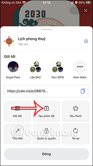 Tạo phím tắt Lịch phong thủy trên Zalo