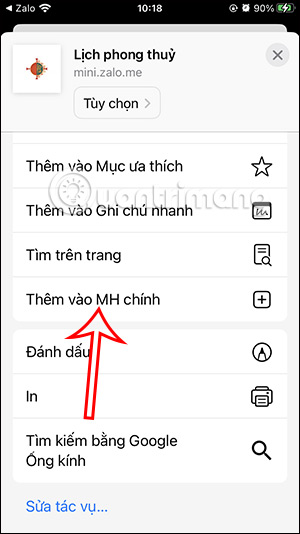 Thêm Lịch phong thủy màn hình chính Zalo