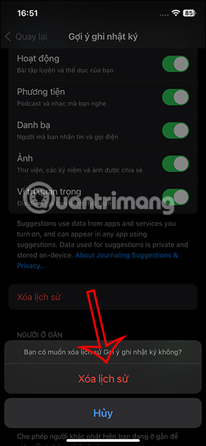 Xóa tất cả gợi ý trên Nhật ký