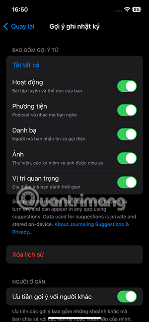 Các mục gợi ý Nhật ký trên iPhone