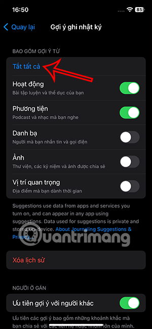 Tắt tất cả gợi ý trên Nhật ký