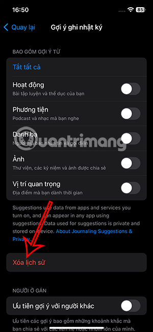 Xóa lịch sử gợi ý trên Nhật ký