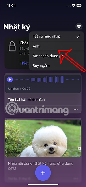 Chọn nội dung nhật ký cần lọc