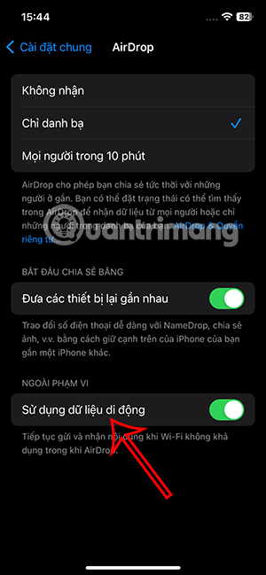 Bật dùng dữ liệu di động dùng AirDrop
