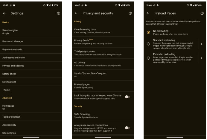 Tùy chọn load trước trang Chrome Android đã bị tắt