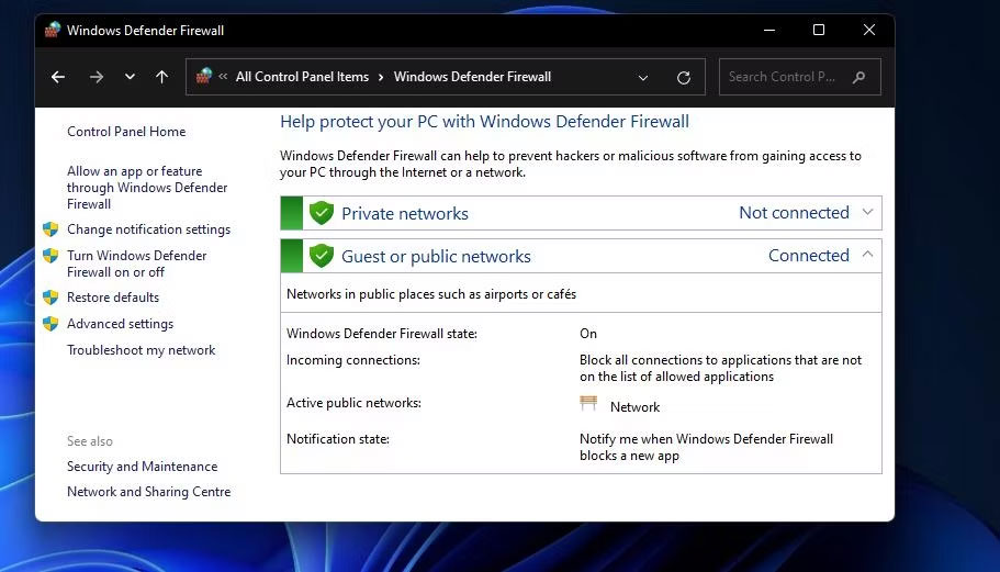 Applet Control Panel Windows Defender Firewall