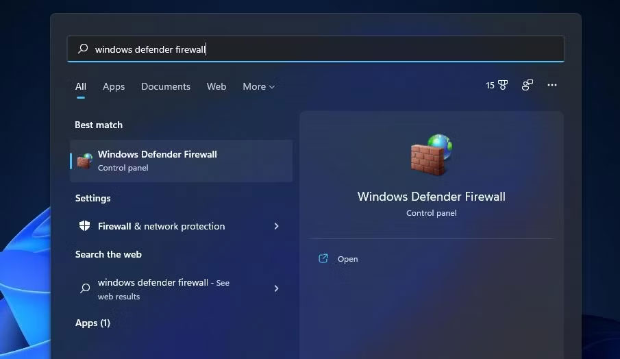 Tìm kiếm Windows Defender Firewall