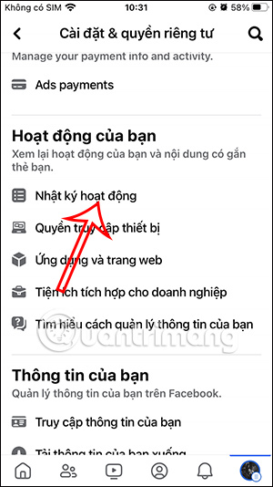 Nhật ký hoạt động Facebook điện thoại
