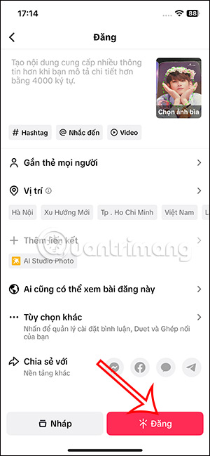 Đăng video filter AI Studio Photo TikTok