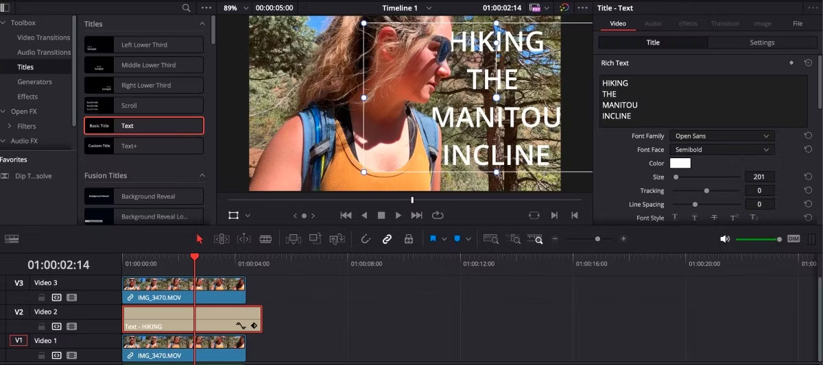 Tiêu đề xuất hiện trên DaVinci Resolve