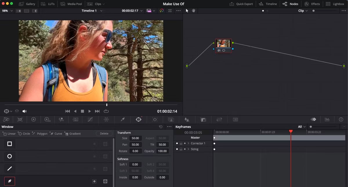 Tính năng Windows mở trên trang Color trong DaVinci Resolve