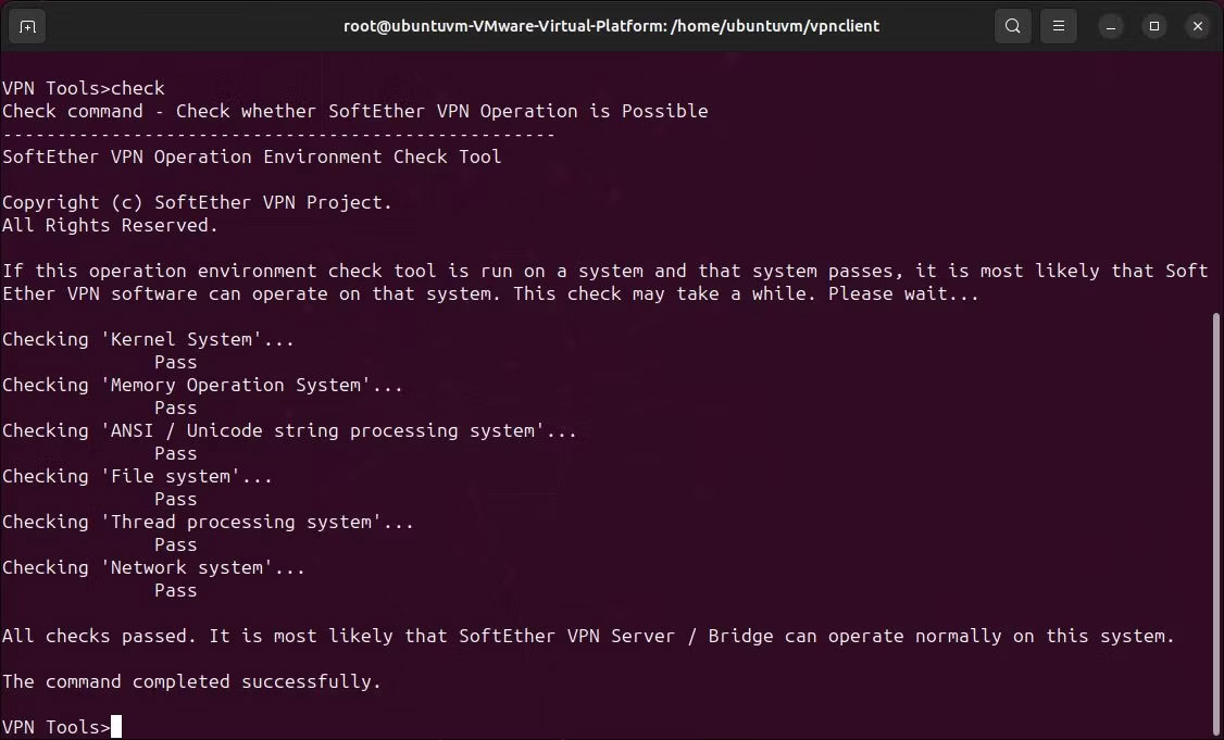 Linux terminal hiển thị các bài kiểm tra VPN clientcmd của softether đã được thông qua