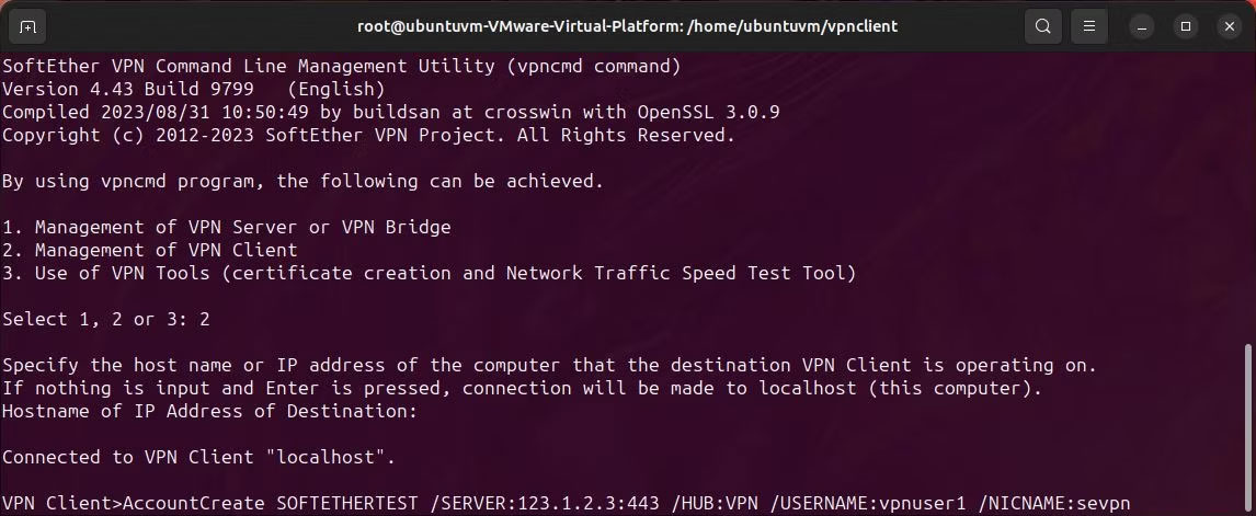 Linux terminal hiển thị lệnh softether vpncmd createaccount