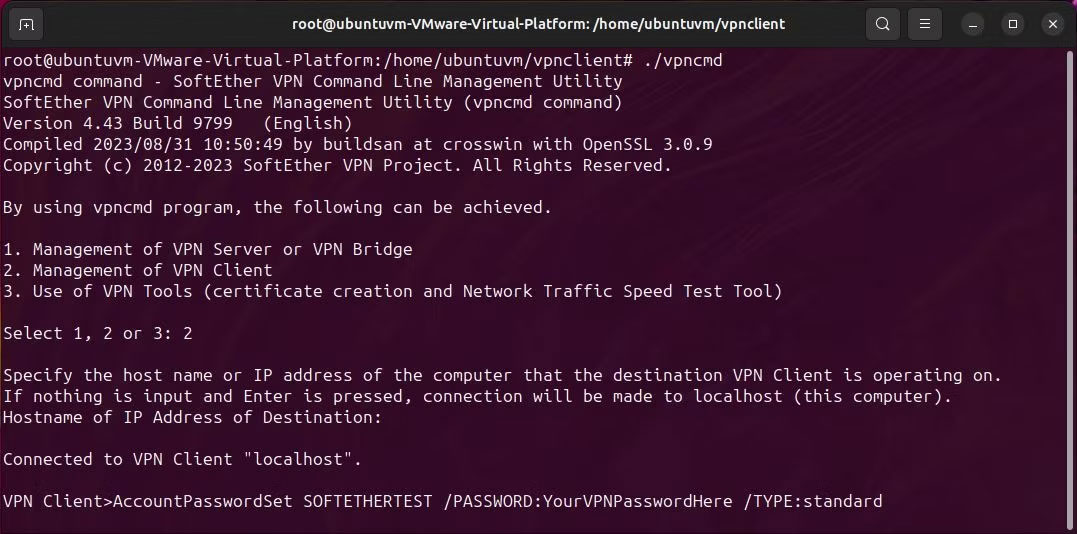 Linux terminal hiển thị lệnh thiết lập mật khẩu tài khoản softether vpncmd