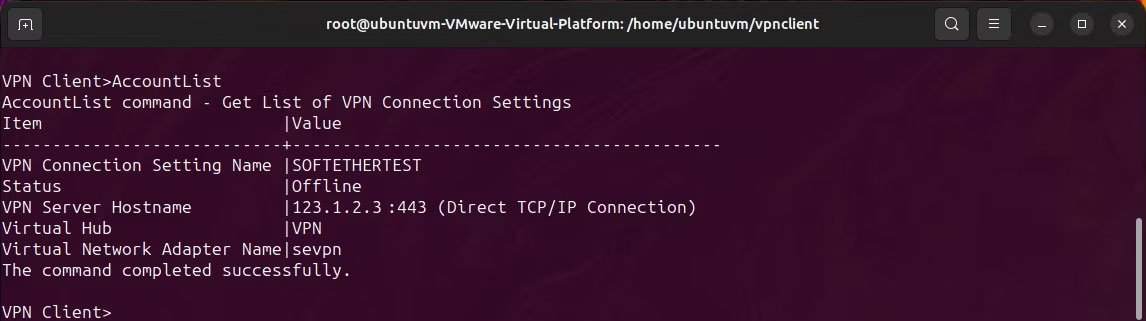 Linux-terminal-softether-vpncmd-accountlist