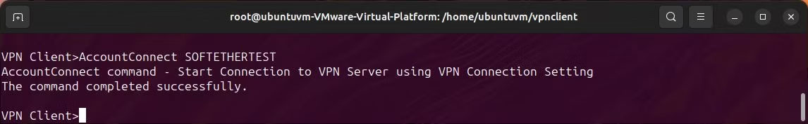 Linux terminal hiển thị lệnh kết nối tài khoản vpncmd softether