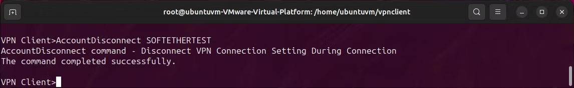 Linux terminal hiển thị lệnh softether vpncmd accountdisconnect