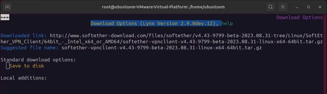 Linux terminal với trình duyệt lynx hiển thị vpnSoftEther client