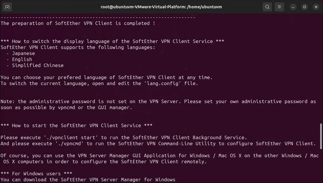 Linux terminal hiển thị lệnh biên dịch SoftEther client đã hoàn tất