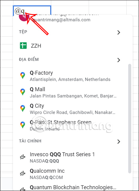 Dùng @ chèn Smart Chips trong Google Sheets