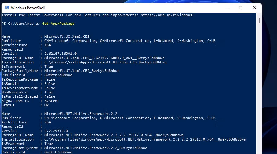 Lệnh Get-AppxPackage