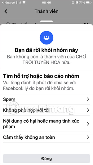 Đã thoát nhóm Facebook