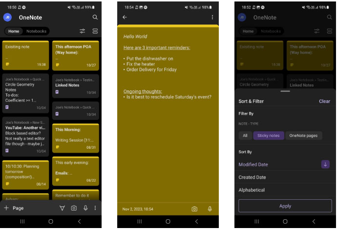 Danh sách Sticky Notes trong OneNote cho Android
