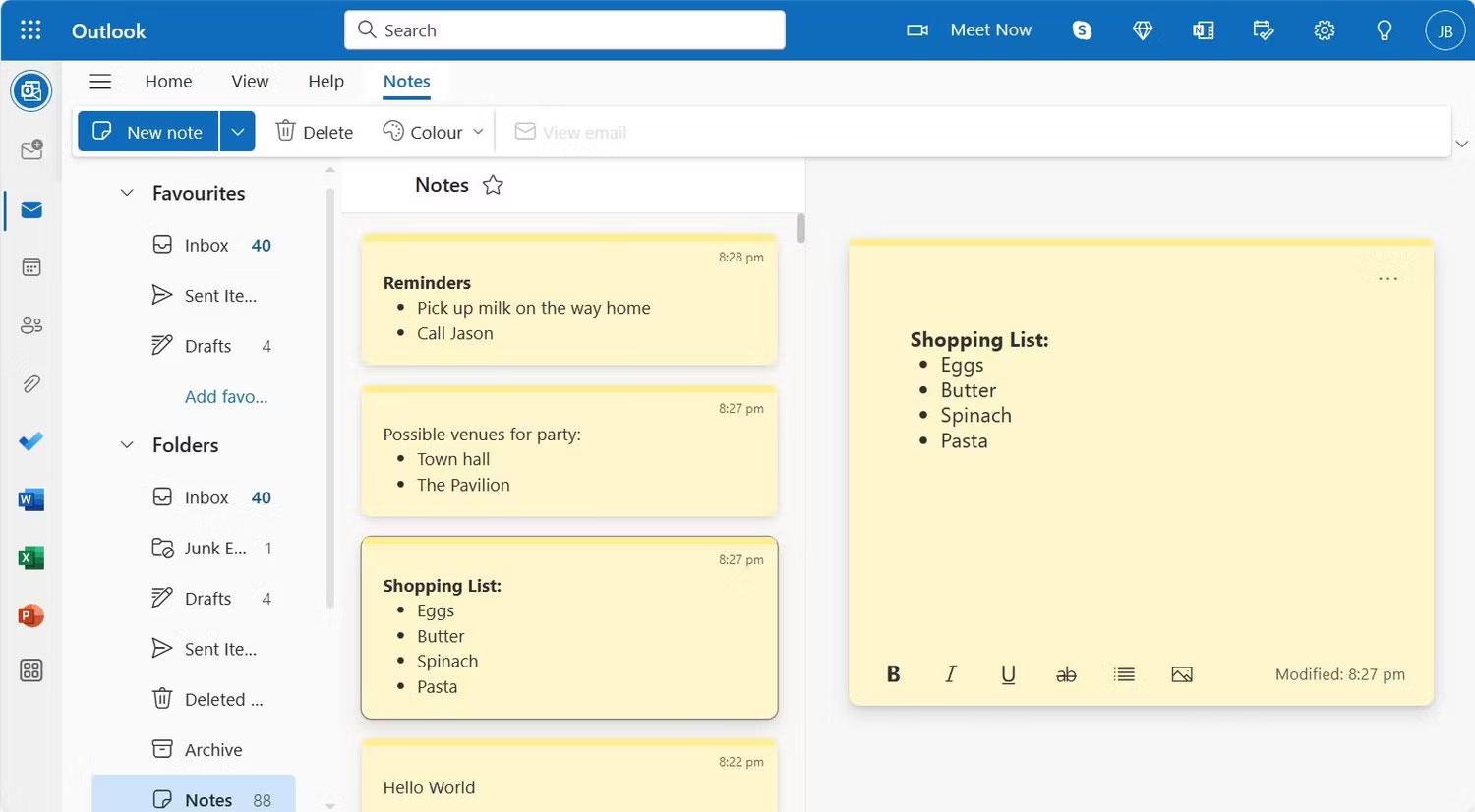 Sticky Notes Windows 11 trong Outlook Online