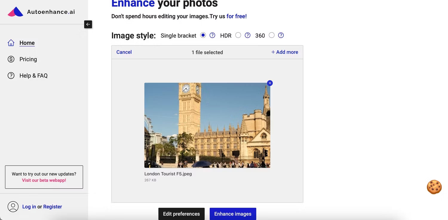 Giao diện của Autoenhance.ai
