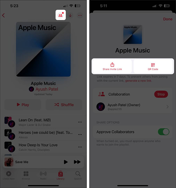 Tùy chọn chia sẻ playlist cộng tác Apple Music
