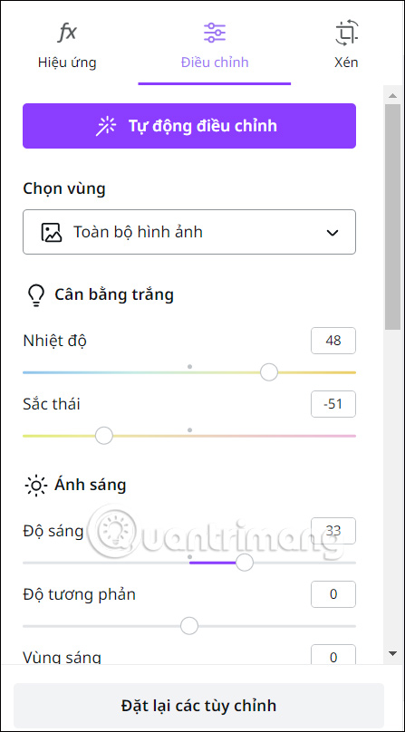 Giao diện điều chỉnh ảnh trong Canva