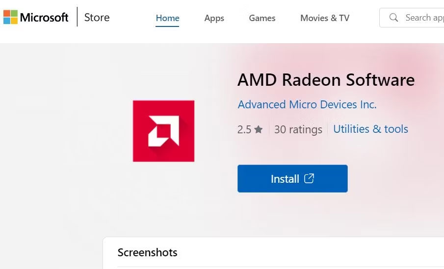 Trang AMD Radeon Software trên Microsoft Store