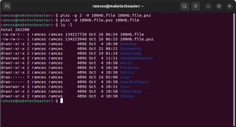 Terminal hiển thị pixz nén và giải nén một file.