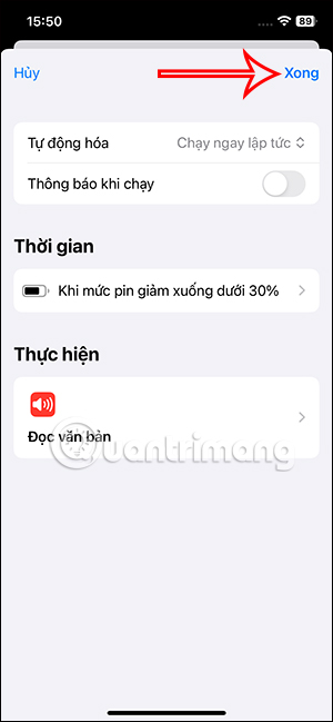 Tác vụ thông báo pin yếu trên iPhone