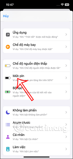 Tác vụ Mức pin trên Phím tắt